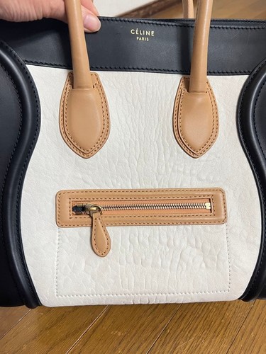 CELINE Luggage Mini Shopper Tote Bag Black Beige White Near