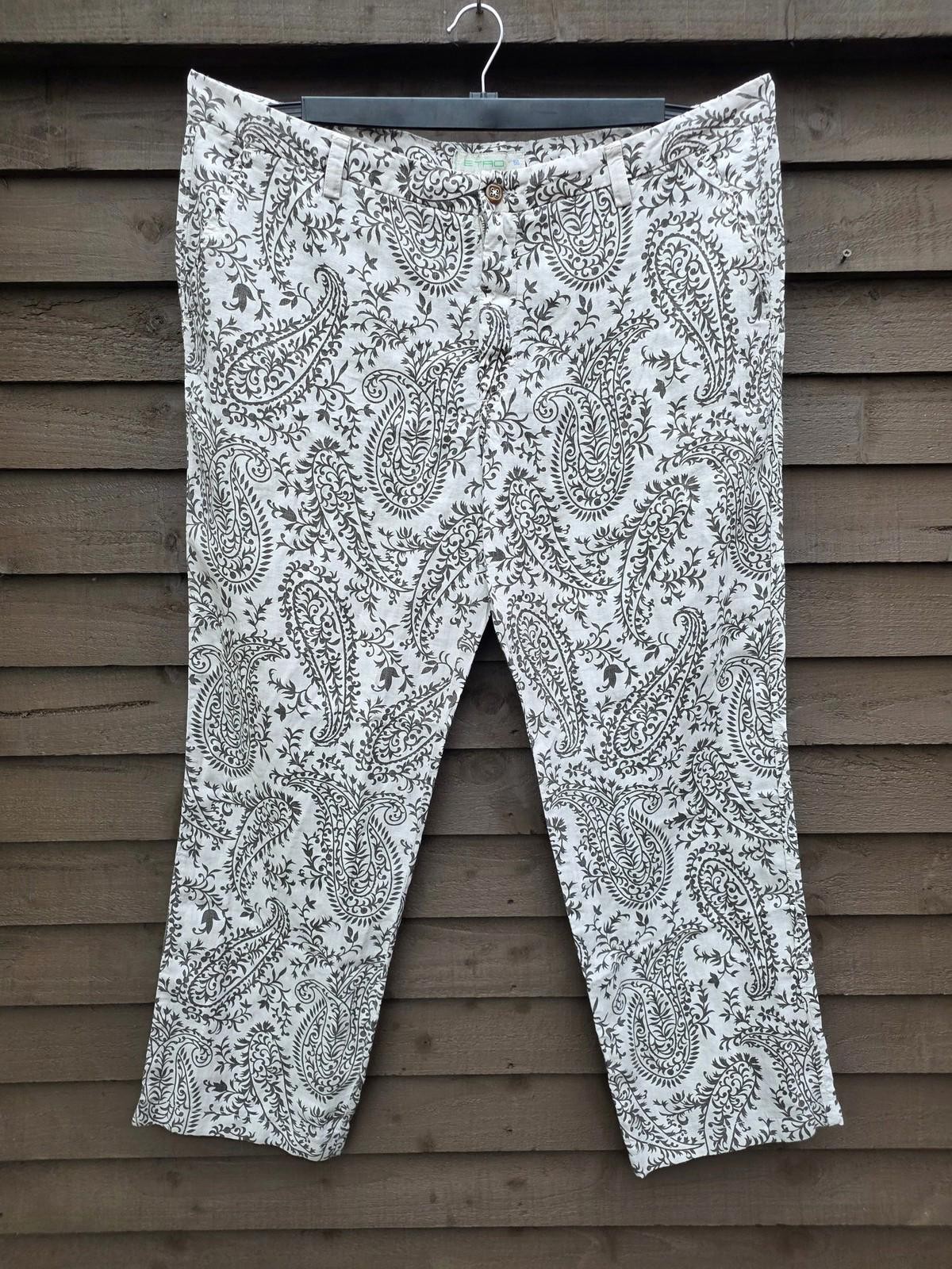 Etro Trousers Mens 56 W40 L31 White Grey Paisley All Over Print 100% Linen Pants