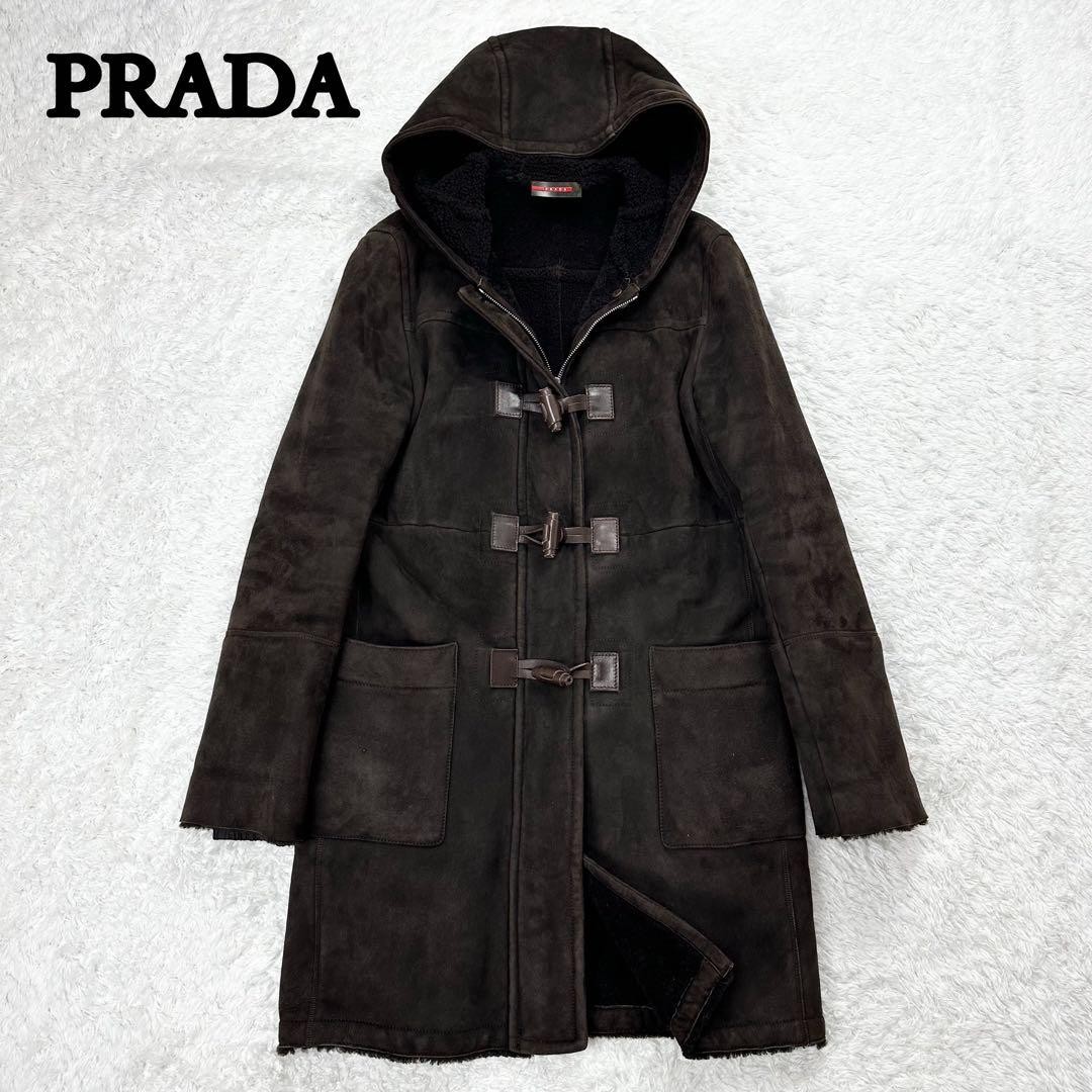 PRADA Sheepskin Coat Size 40 Long Brown Fur Hooded Women's Outerwear