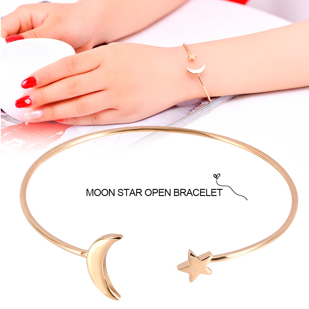 Female Open Bracelet Copper Plating Wristband Bangle With Moon Star Decoration