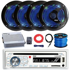 Marine Receiver, Amp w/Kit, Antenna, Wire, 4x 6.5'' 150 Watt LED Speaker Black 