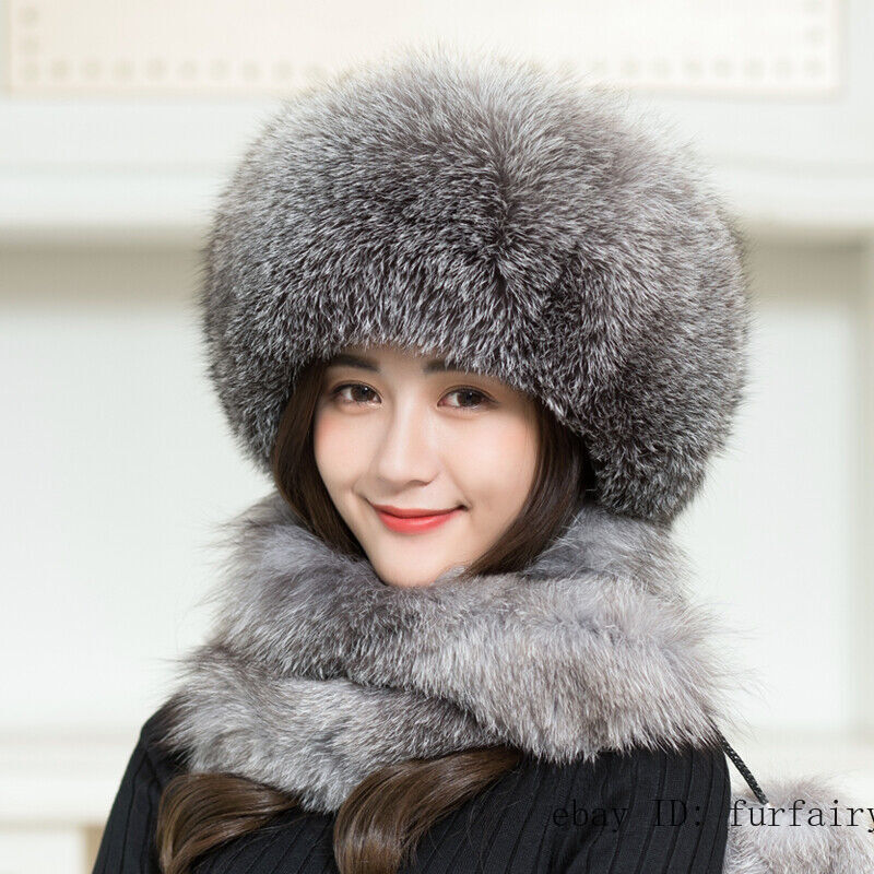 Women's Real Fox Fur Hat Shapka Russian Ushanka Ski Hat Cap w Neck