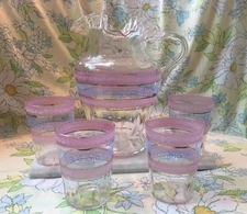 Rare Victorian Blue and Pink Hand Painted Enamel & Hand Blown Pitcher & Cups 