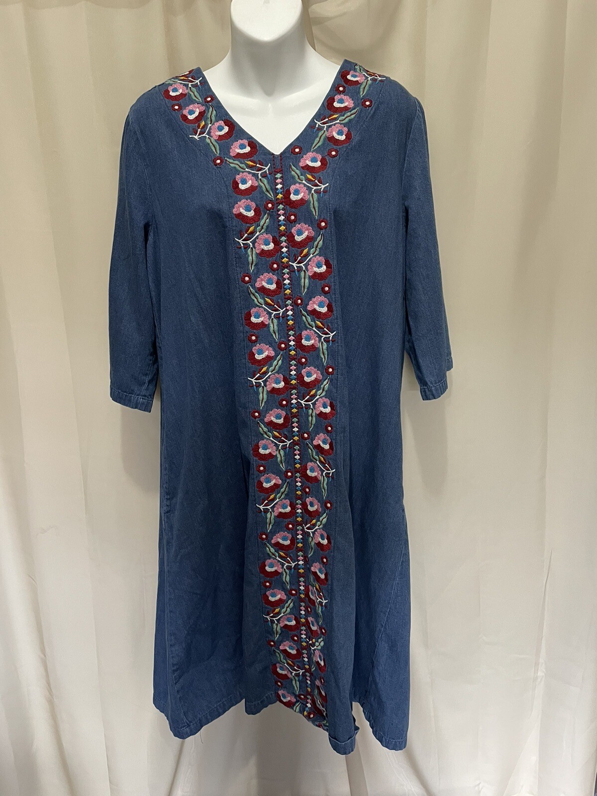 Go Softly Patio Dress Women M Blue Cotton Floral Embroidery Pockets
