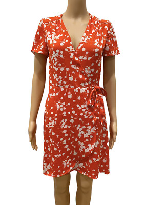 Woman's Orange White Floral A-line Wrap Dress