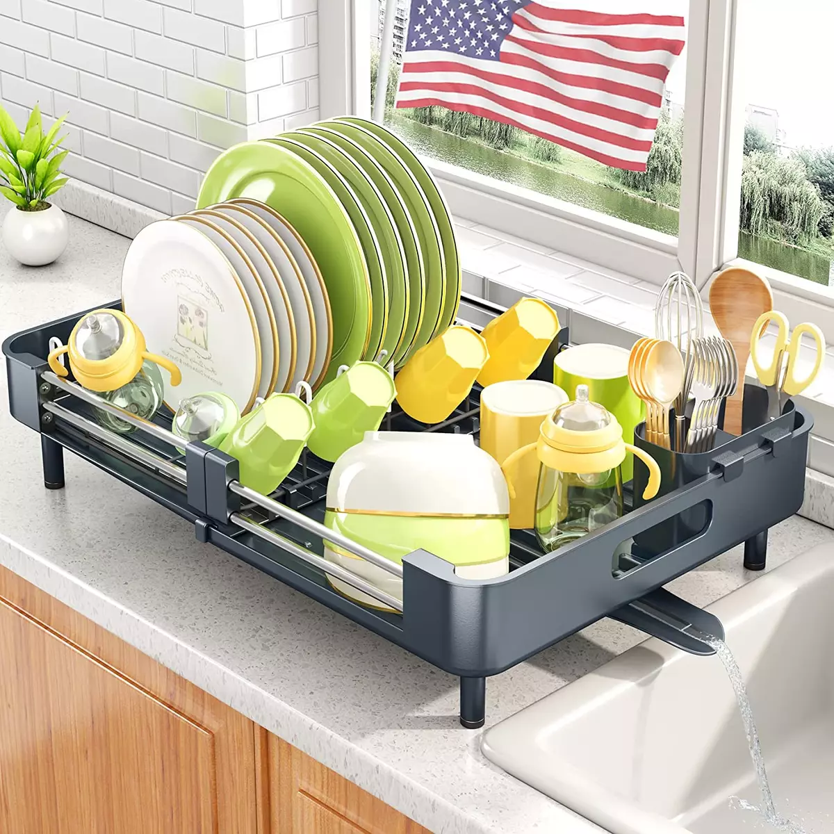 Dish Drying Rack, Kitchen Counter Drainers Auto-Drain  Expandable(13.2-19.7) St