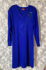 Vintage 80s Blue Sweater Dress Size XL Petite 1980s Retro Vibrant Bold Winter