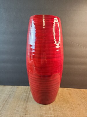 12'' vintage spun bamboo red lacquer vase Lerman Decor