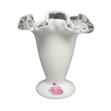 Vintage Fenton White Silver Crest 4 1/2" Tall Vase Crimped Ruffle Edge Estate