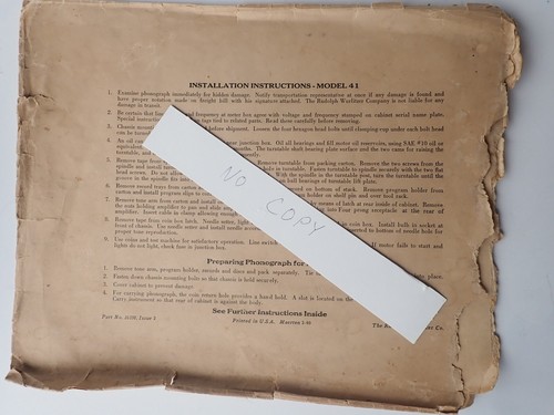 Original 1940 Wurtlitzer Model 41 Countertop Installation Instructions