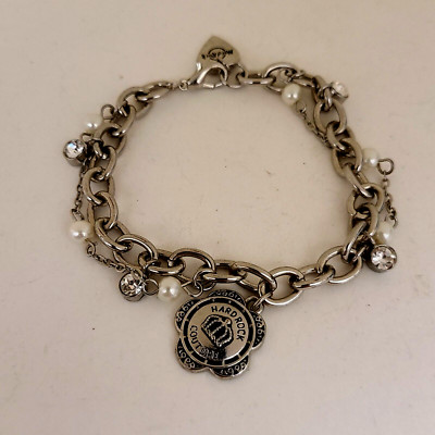 Hard Rock Cafe Couture Charm Bracelet Crystals Pearls Heart Silvertone 7 In
