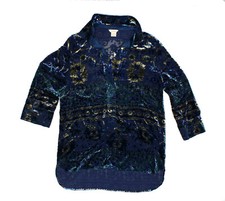 NEW - SUNDANCE Women's VELVET Navy/Gold/Green 3/4-SLEEVE HIGH/LOW BLOUSE - Small