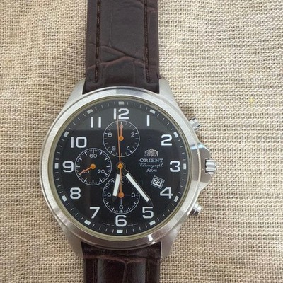 ORIENT Chronograph Watch 50m Black Dial Leather Brown No Accessories