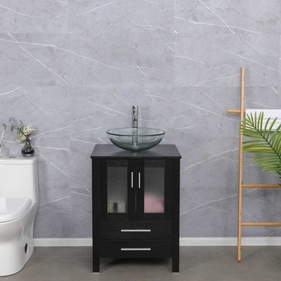 24'' Bathroom Vanity Set Tempered Glass Vessel Sink Faucet Drain Combo No Mirror