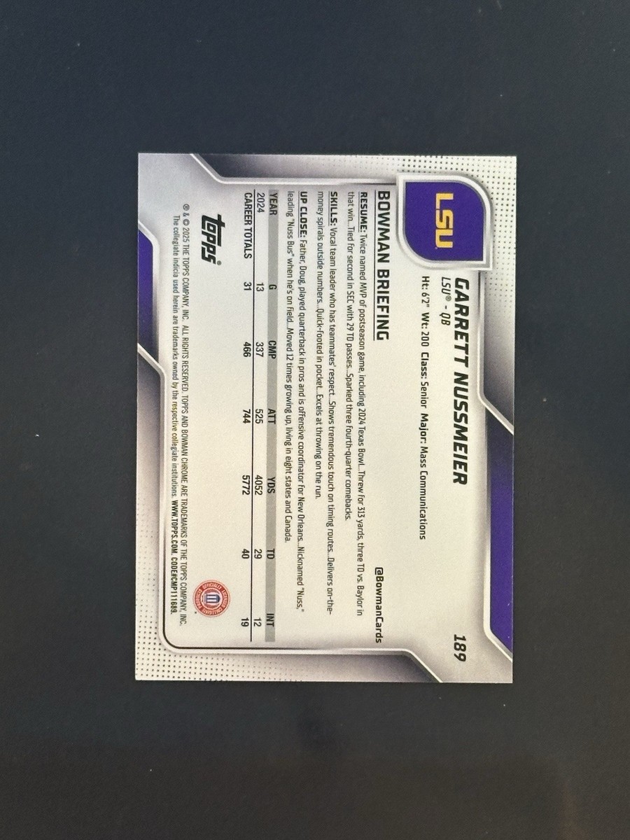 CLEARING／ミルレー・ヒューズ タグボートで12万で購入 サイン入り 2025 Bowman University Chrome GARRETT NUSSMEIER #189 Purple