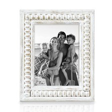 Whitewashed Wood Beaded 5x7 Picture Frame - Farmhouse Style Rustic Photo Fram...