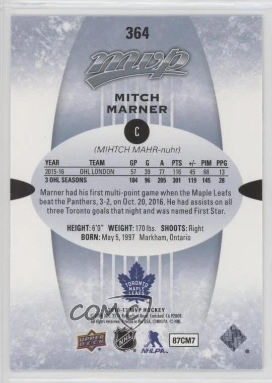 2016-17 Upper Deck MVP Atlantic Division Redemption Mitch Marner #364 Rookie RC - Image 2 of 2