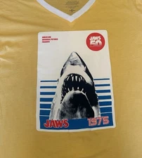 NEW Jaws 50th Anniversary Universal Studios Yellow V-Neck Ringer Tee Size Medium