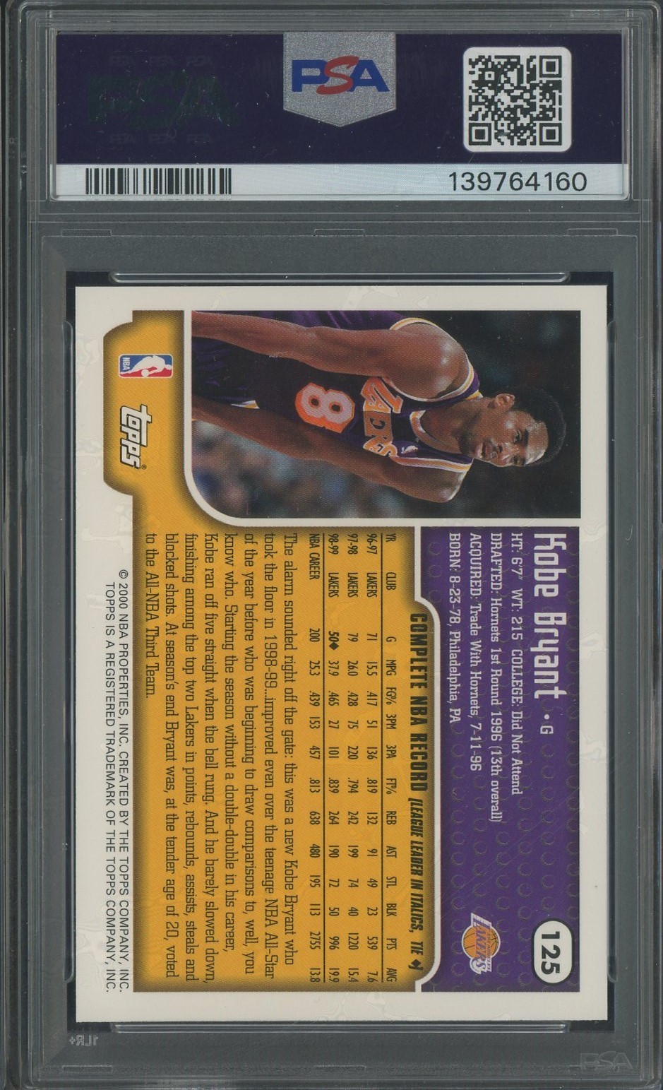 1999 Topps #125 Kobe Bryant Los Angeles Lakers HOF PSA 9 MINT view 2