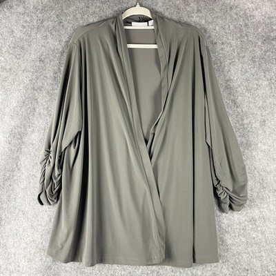 Susan Graver Liquid Knit Cardigan Womens 2X Gray Cinch Sleeve Open Front Stretch