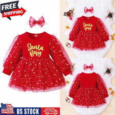 Kids Girls Long Sleeves Costume Princess Tutu Dress Christmas Santa Claus Dress
