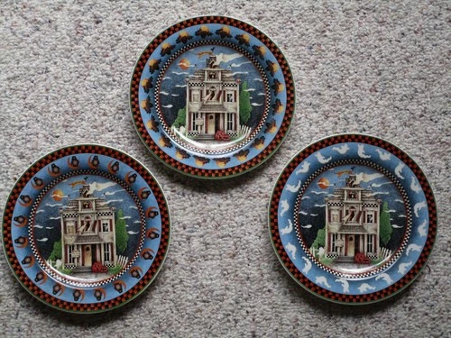 3 Halloween Debbie Mumm 2000 Haunted House Ghosts Bats Owls Salad Dessert Plates