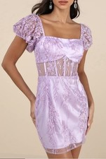 New Women's Lulus Lavender Embroidered Mesh Puff Sleeve Fairy Whimsical Dress L.