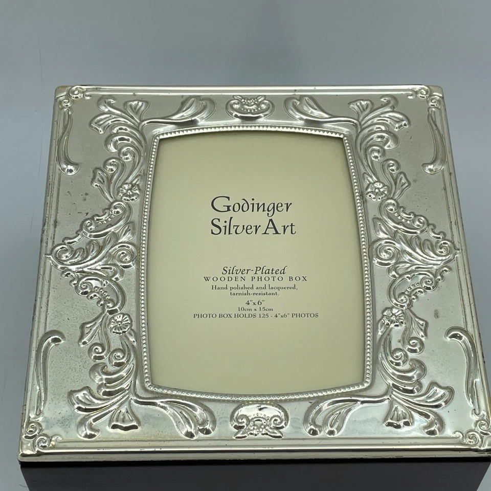 Caja de fotos de madera enchapada en plata arte Godinger 4x6 marco almacenamiento 7x7x5 decoración Foto 2 de 4