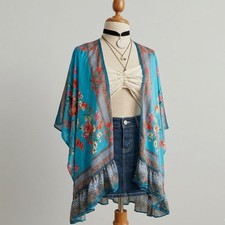 Bright Floral Duster Open front Cardigan Boho Indie Loose Flowy S/M