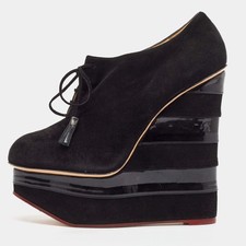 Stivaletti Charlotte Olympia neri in camoscio e vernice con zeppa Martha tagl...