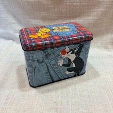 Stampa denim vintage 1995 Looney Tunes Blues Tweety Sylvester metallo latta plaid