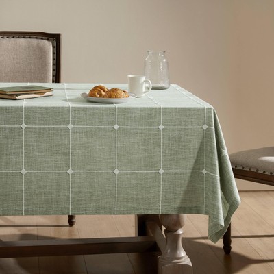 Grid Embroidered Hemmed Tablecloths, Green 60x120 Inch, Farmhouse Style Heavy...