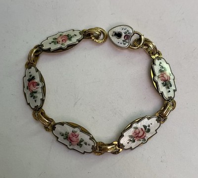Antique SOB & Co Enamel Guilloche Rose Heart Padlock Charm Bracelet