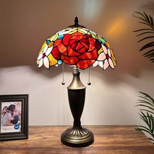 Tiffany Style Table Lamp Red Orange Stained Glass Rose Flowers LED Bulb 14"W21"H