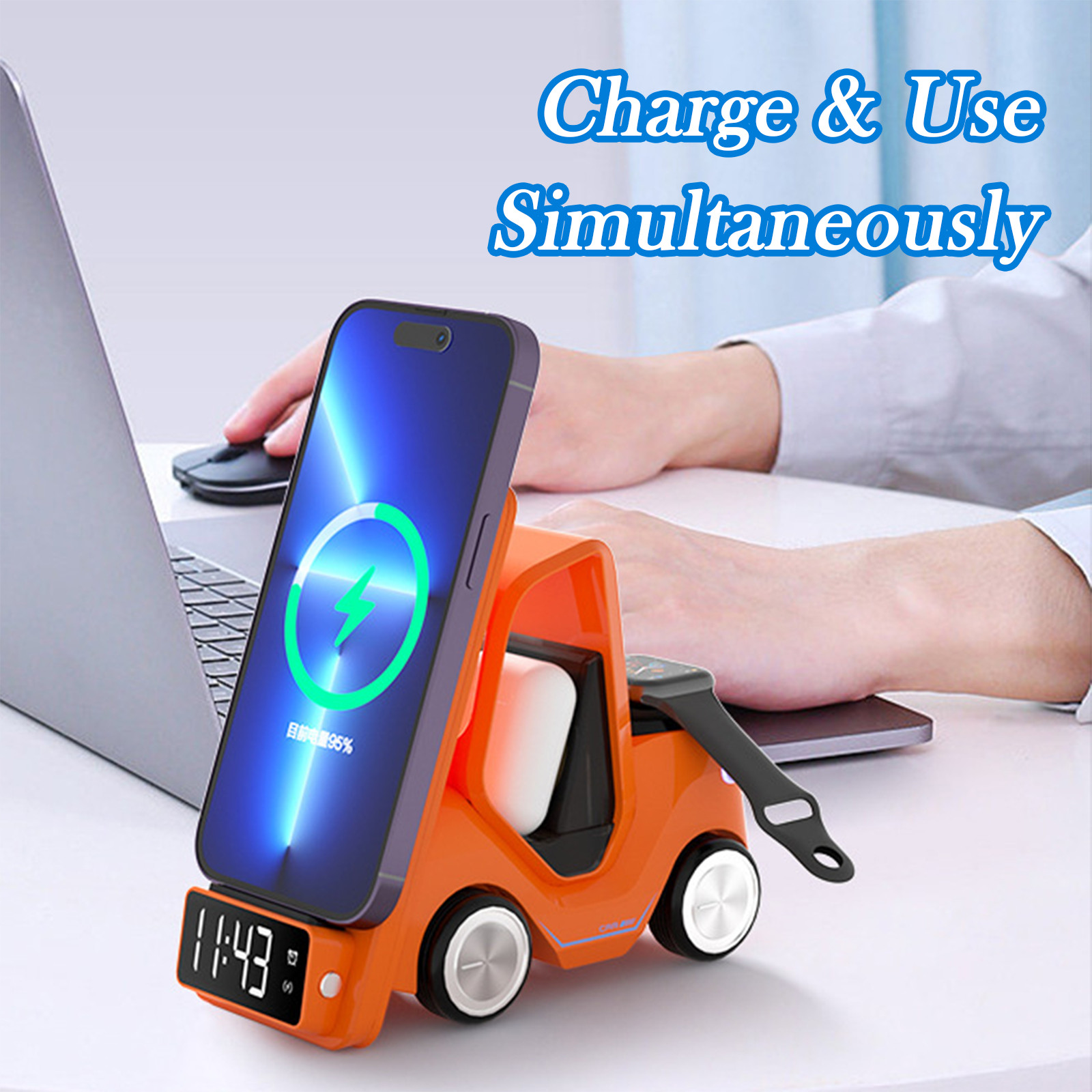 4 in 1 Charging Station Alarm Clock Wireless Charger for iPhone/iWatch/Airpods
