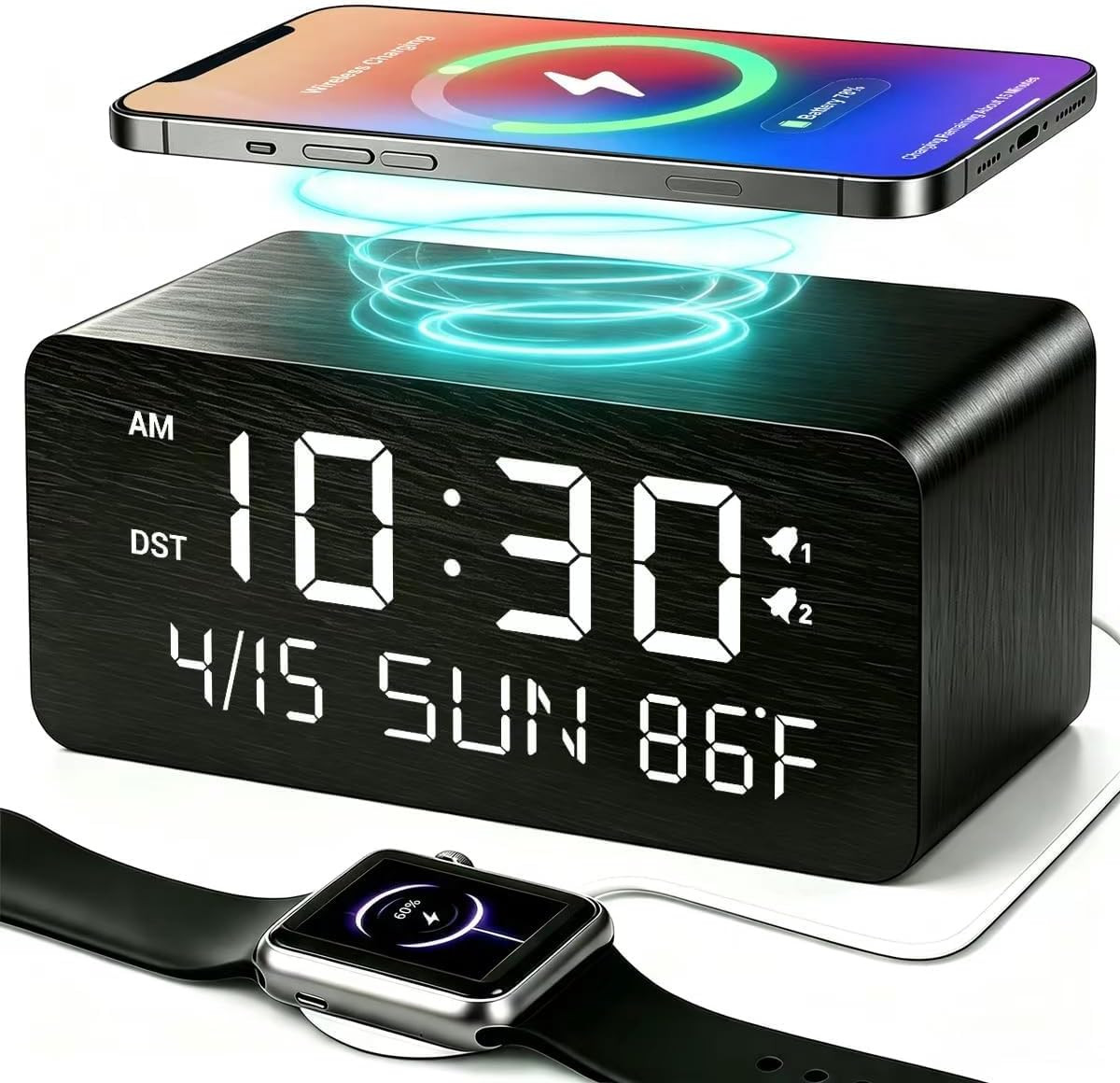 Premium Black Wooden Digital Alarm Clock with Wireless Phone Charger, Dual USB