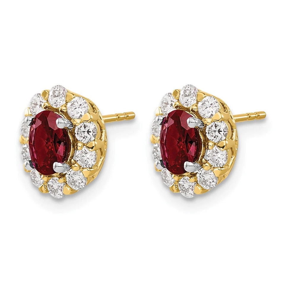 14k Yellow Gold 3/4 Ct Oval Lab Created Ruby & Diamond Women Halo Stud Earrings - Image 2 of 3