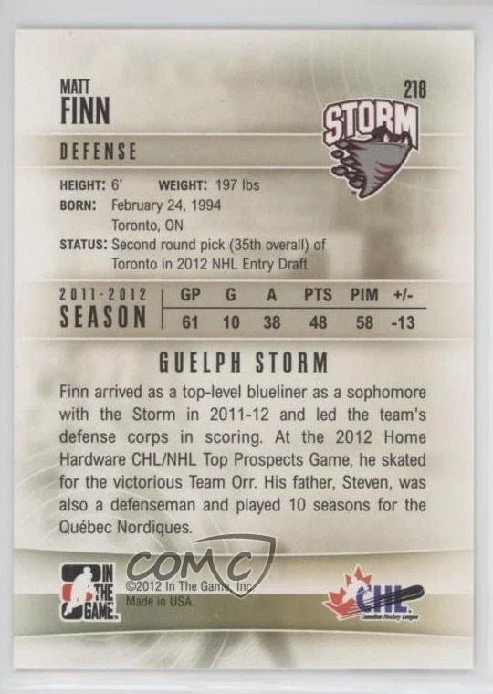 2011-12 ITG Heroes and Prospects Matt Finn #218 - Image 2 of 2