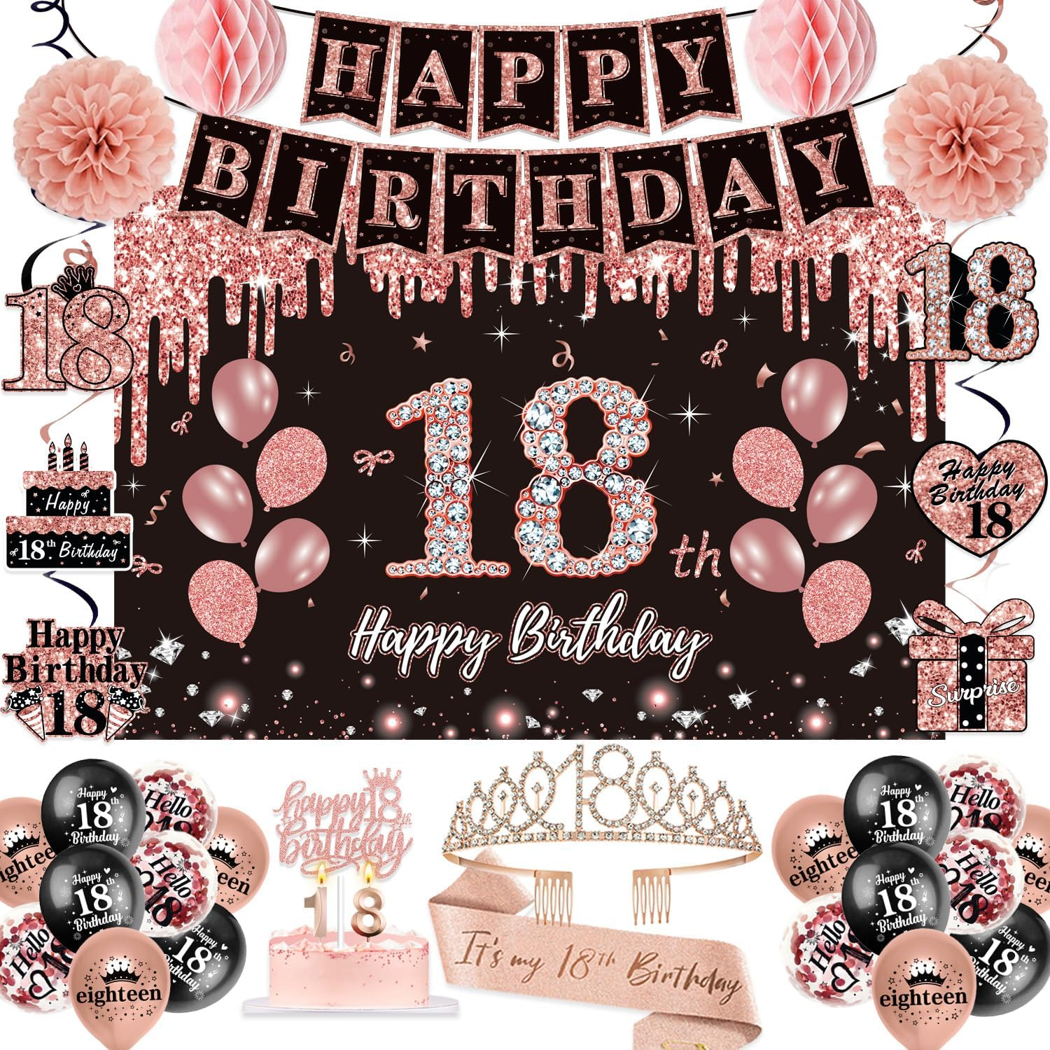18Th Birthday Decorations for Girls,52Pcs PRE-STRUNG Rose Gold Black Party Set-1
