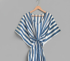 Indian Blue Handmade Cotton Striped Kaftan Maxi Dress Women's Clothing Gown US