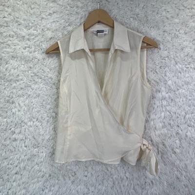 E.K. Designs Sleeveless Wrap Top Small Cream Side Tie Collared Minimalist Blouse