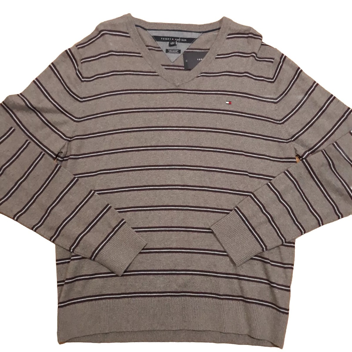 Tommy Hilfiger Cashmere/ Cotton V Neck Knit Sweater Gray Striped Men's XL  NWOT