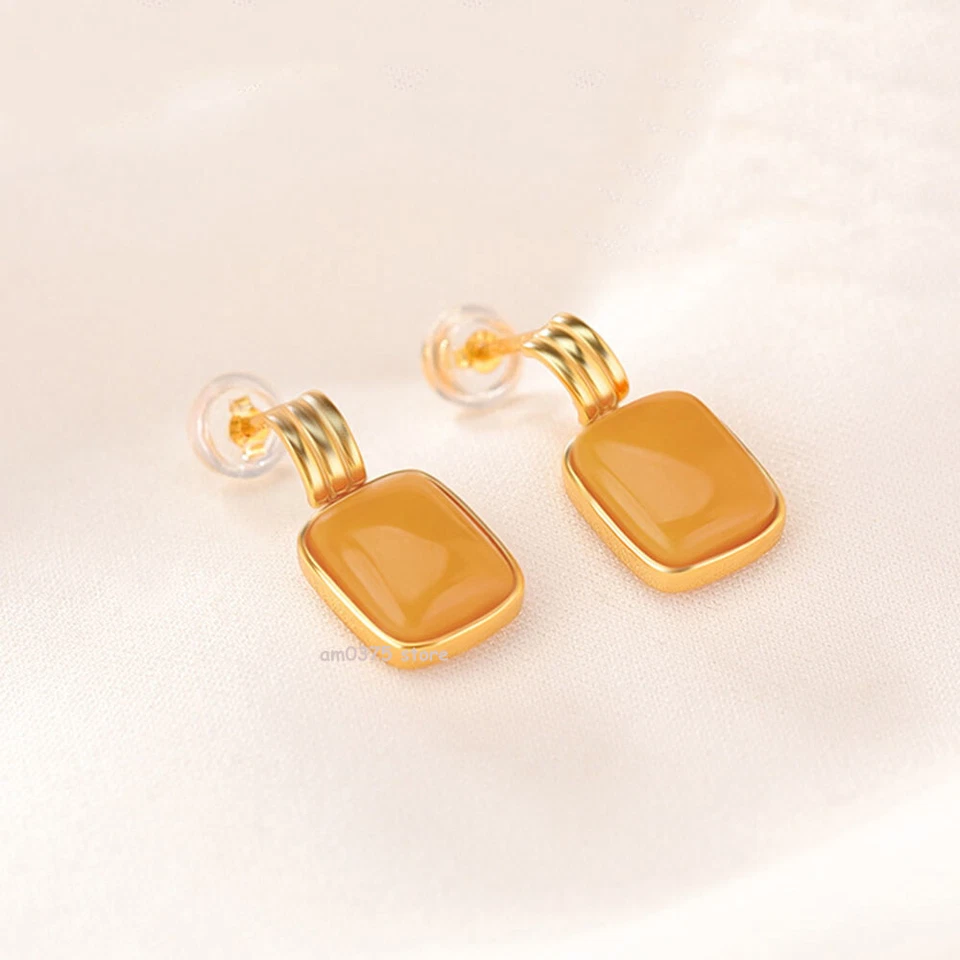 Pendientes enchapados en oro real de plata de ley 925 cera de abejas natural ámbar carmesí Foto 2 de 4