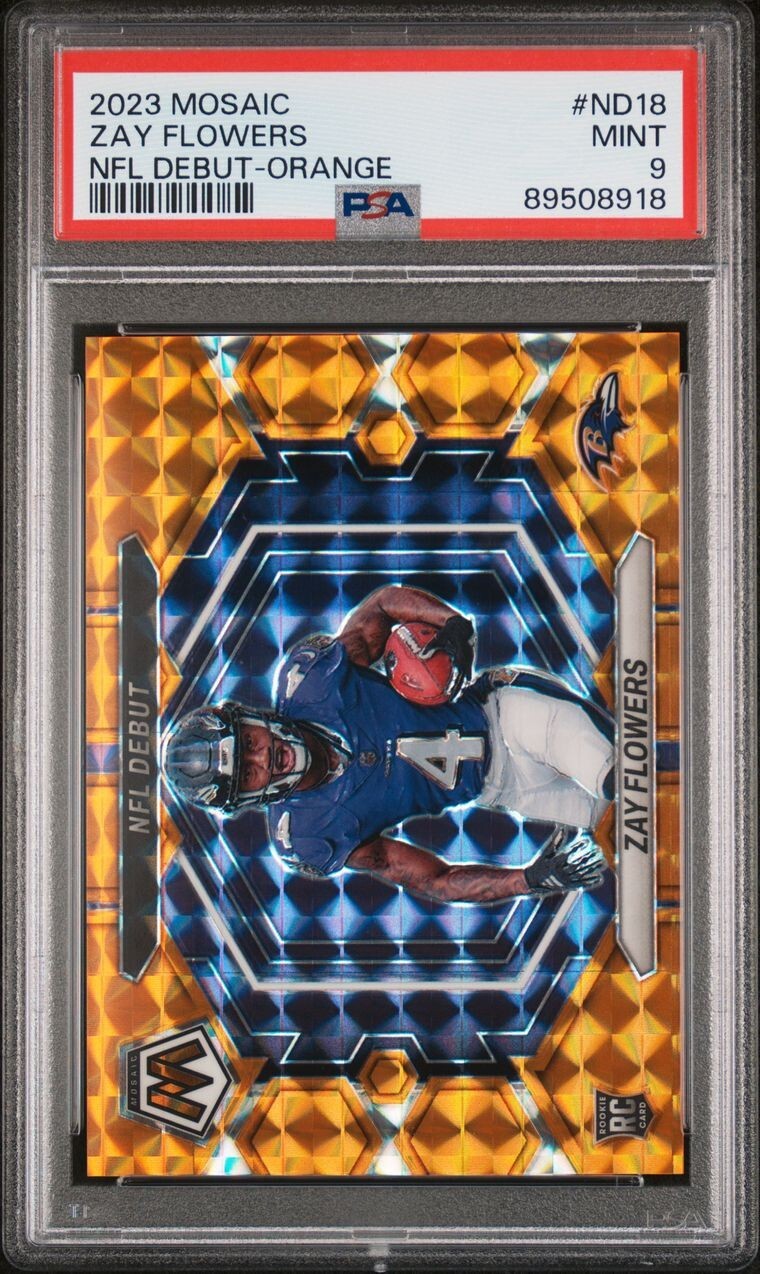 2023 Panini Mosaic Zay Flowers ROOKIE Orange NFL Debut PSA 9 MINT RC /199 ND18