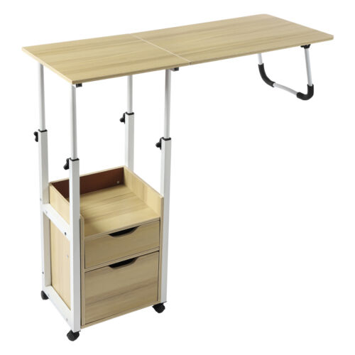 Bedside Table Rollers Height Adjustable Suitable Home Light Wood White - Picture 7 of 16