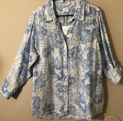 Sigrid Olsen 100% Linen Tunic Button Roll-Up Sleeve Shirt Blue Floral Plus Sz 1X
