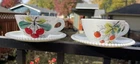 2 Vintage WESTMORELAND Milk Glass Cups & Saucers Beaded Edge Strawberry Cherry
