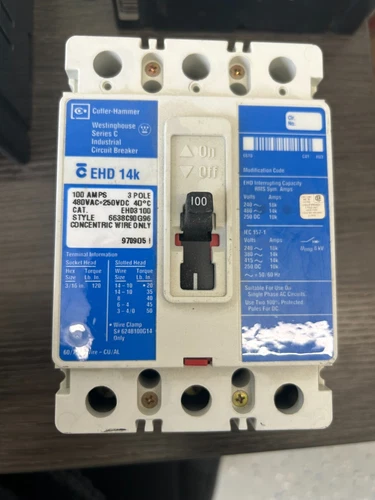 CUTLER HAMMER EHD3100 Circuit Breaker EHD 3 Pole 100 Amp 480 VAC 250 VDC 14K