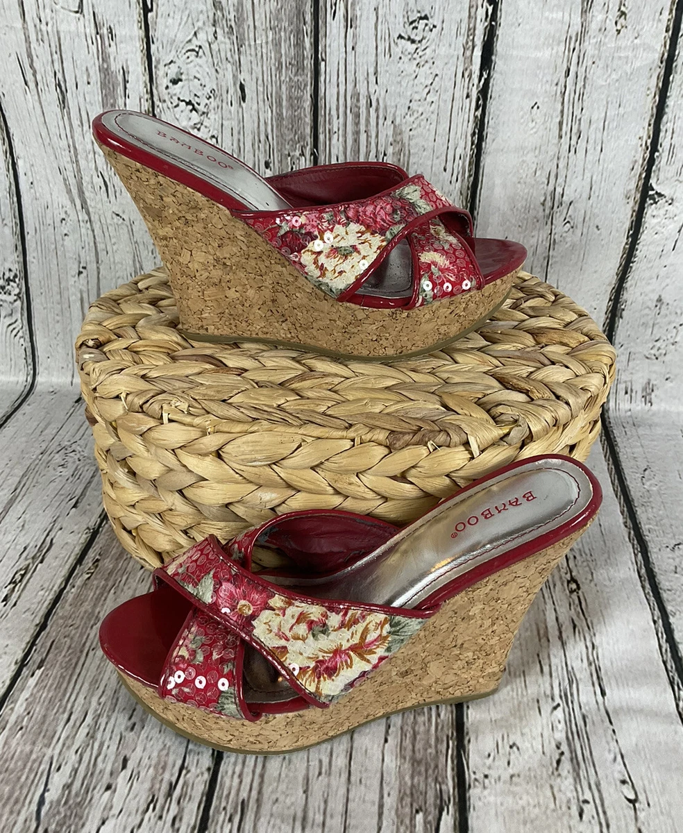 BAMBOO Red Floral Strappy Sequin Cork Platform Wedges Size 6.5