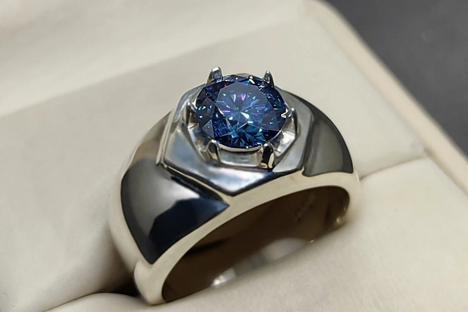 Round Cut Rare 2 Ct Deep Blue Moissanite Diamond 925 Silver Mens Star Shape Ring - Image 4 of 4